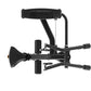 Black commercial lat pulldown machine with dual handles, adjustable seat, and overhead pulley system on white background
