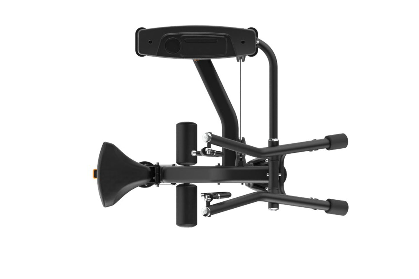 Black commercial lat pulldown machine with dual handles, adjustable seat, and overhead pulley system on white background