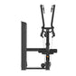 Black commercial iso-lateral lat pulldown machine with dual adjustable arms, padded seat, and foot platform on white backgrou