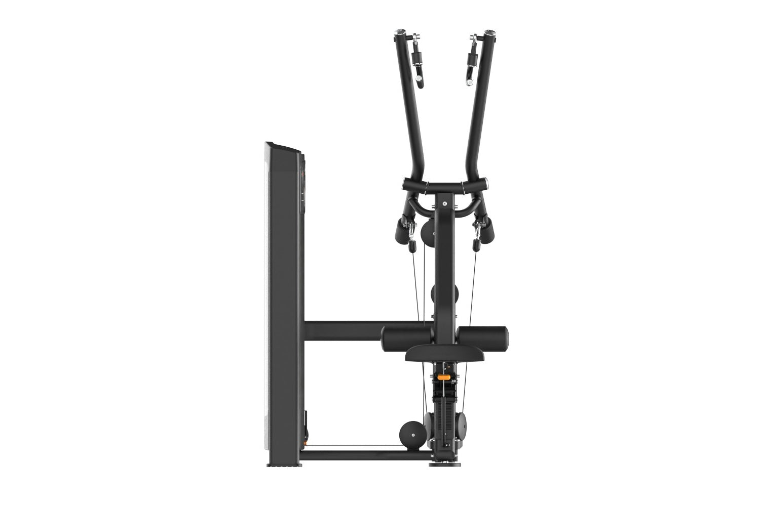 Black commercial iso-lateral lat pulldown machine with dual adjustable arms, padded seat, and foot platform on white backgrou