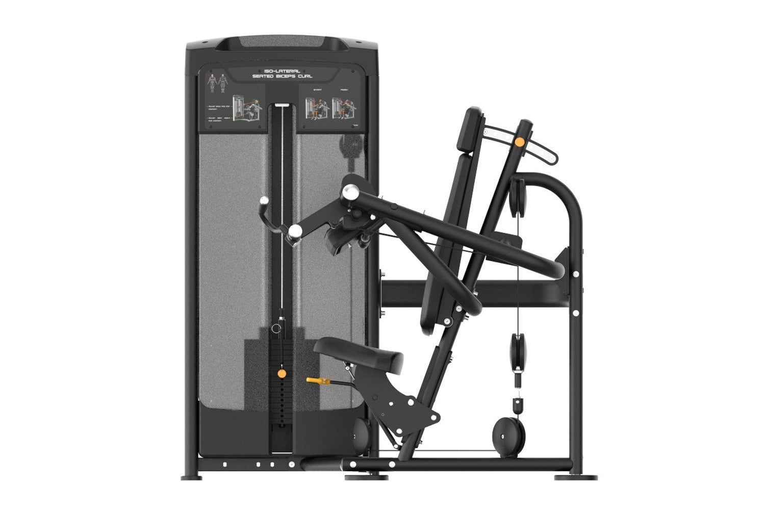 Black Iso-lateral Seated Biceps Curl machine with dual arm levers, gray cushioned panels, and weight stack on white backgroun