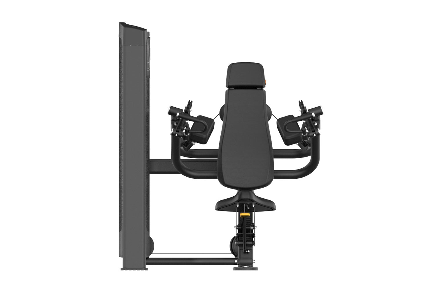 Black commercial iso-lateral seated biceps curl machine with padded seat, dual adjustable arm levers, and vertical support pa