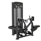 Black iso-lateral seated row machine with gray accents, dual handles, and instruction panel on white background