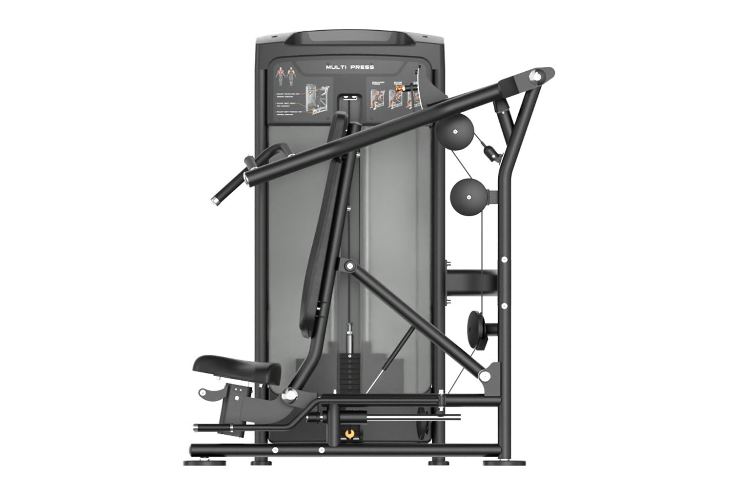 Black commercial iso-lateral seated row machine with dual weight stacks, adjustable seat, and instruction panel on white back