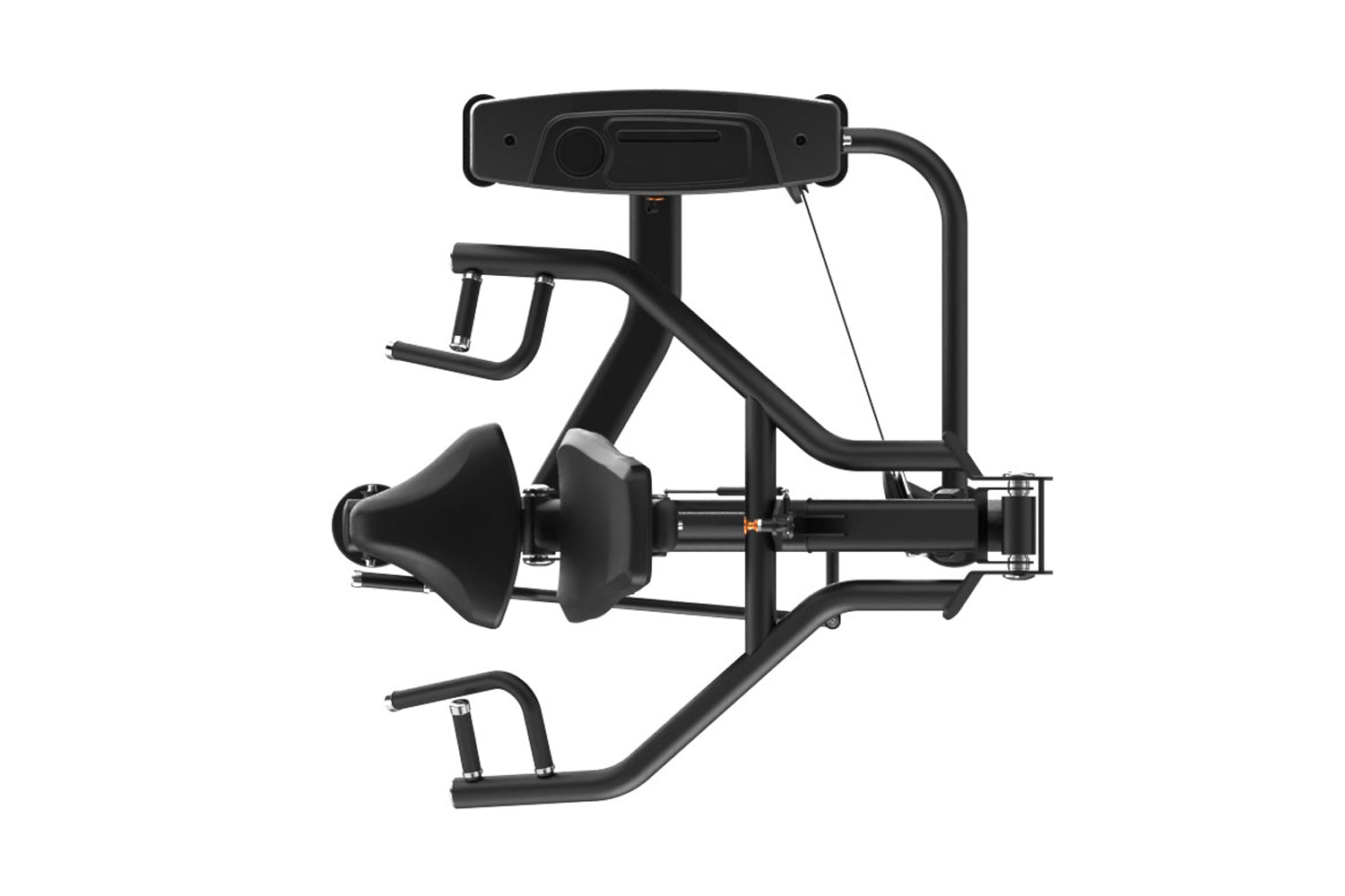 Black commercial iso-lateral seated row machine with dual handles, footrest, and padded seat on white background