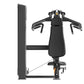 Black commercial iso-lateral seated row machine with dual handles, padded seat, and vertical backrest on white background