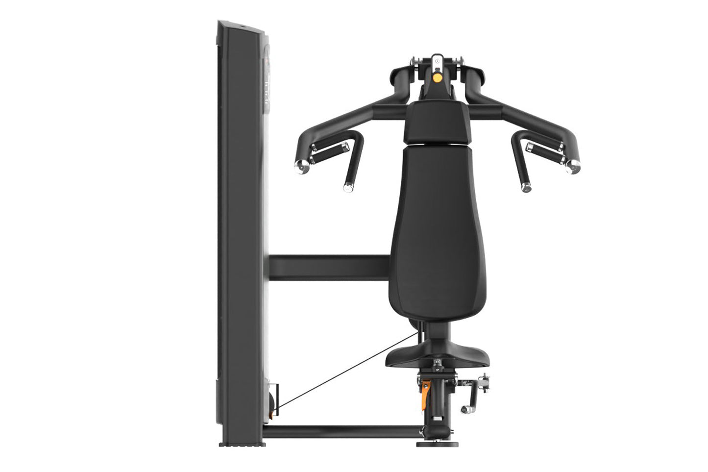 Black commercial iso-lateral seated row machine with dual handles, padded seat, and vertical backrest on white background
