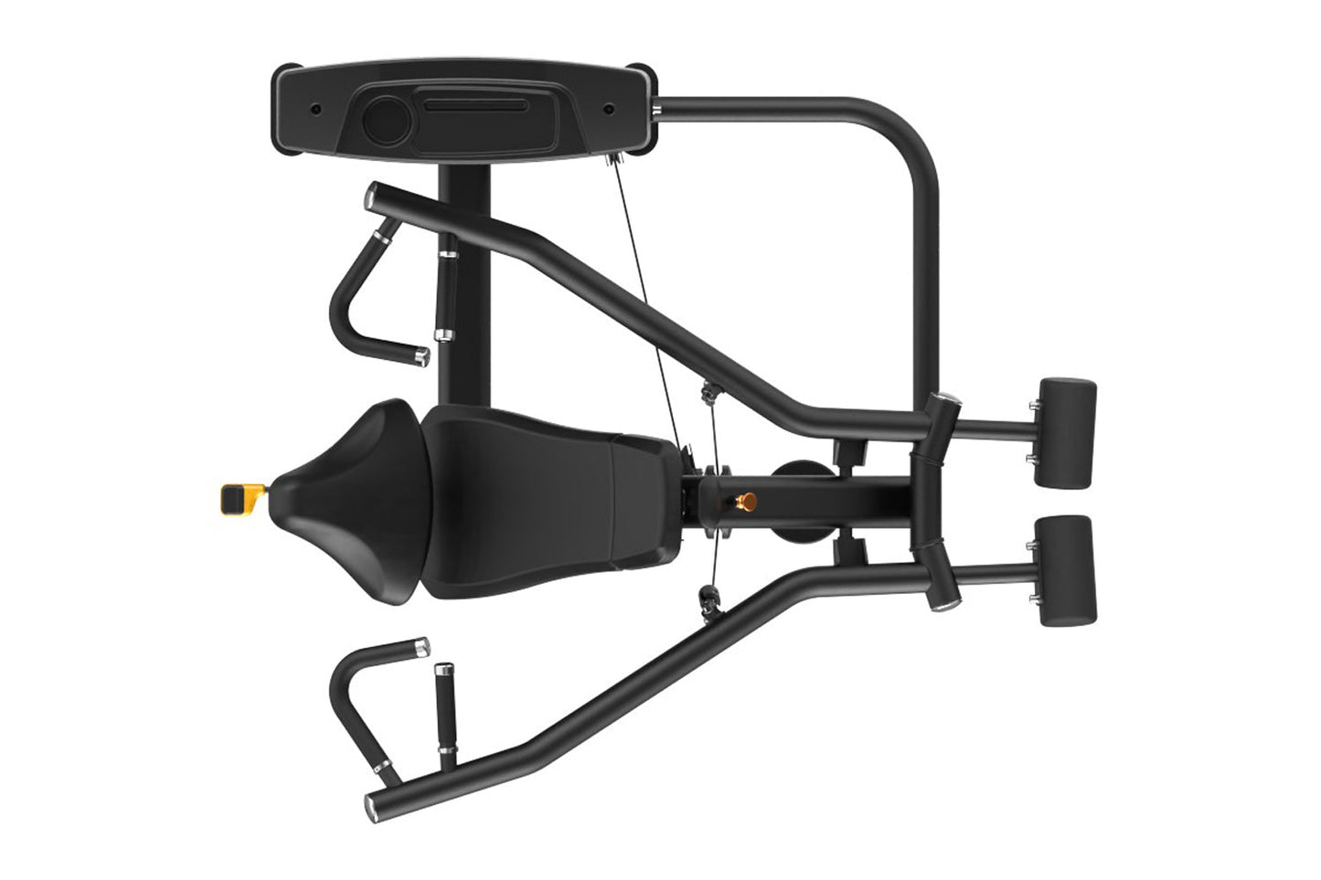 Black iso-lateral shoulder press machine with padded seat, dual handles, footrest, and adjustable digital display on white ba