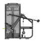 Black commercial shoulder press machine with gray panels, dual weight stacks, and instruction diagrams on display, shown on w