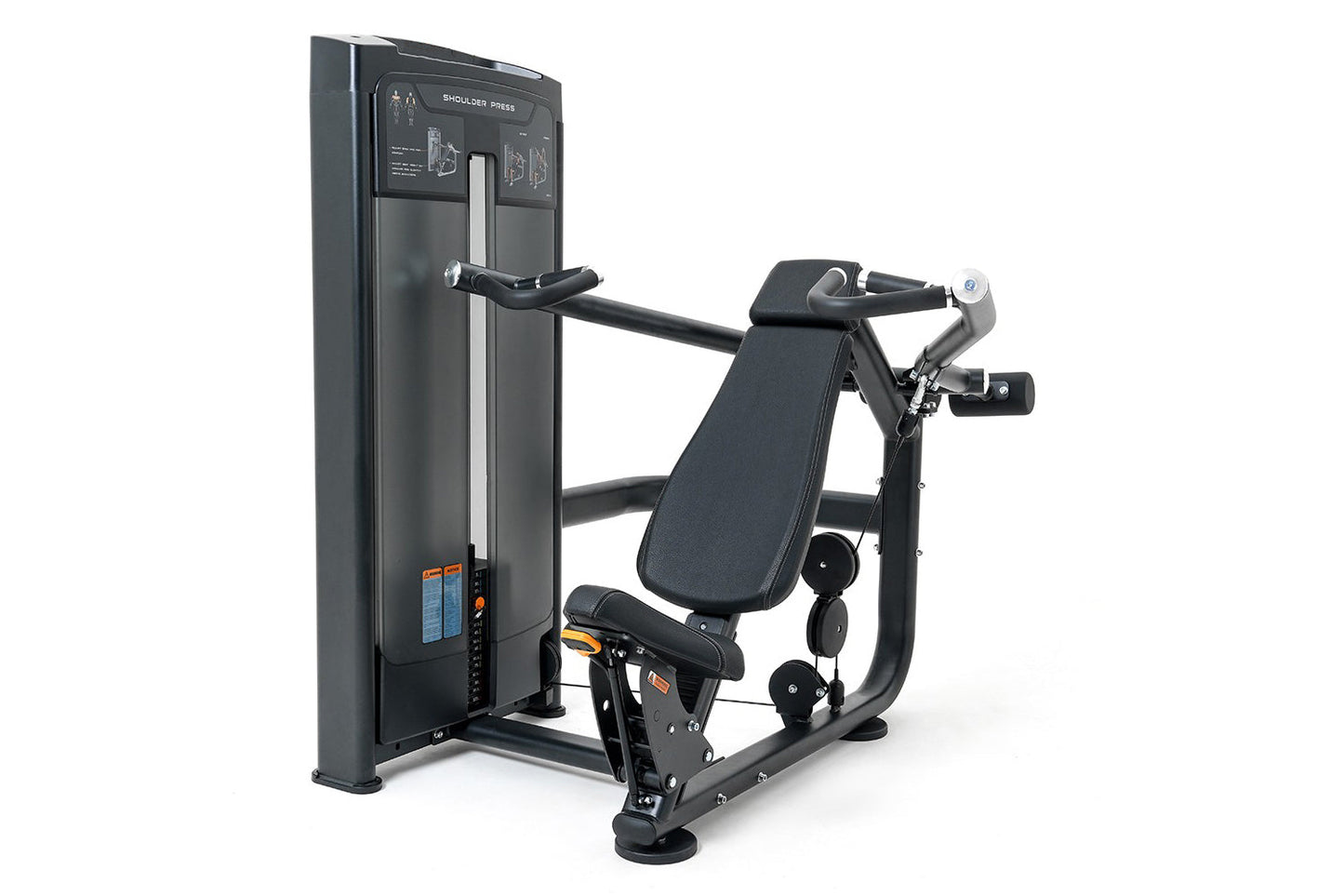 Warrior Elite Commercial Series iso-lateral shoulder press machine with dark gray frame, padded seat, and dual handles on whi