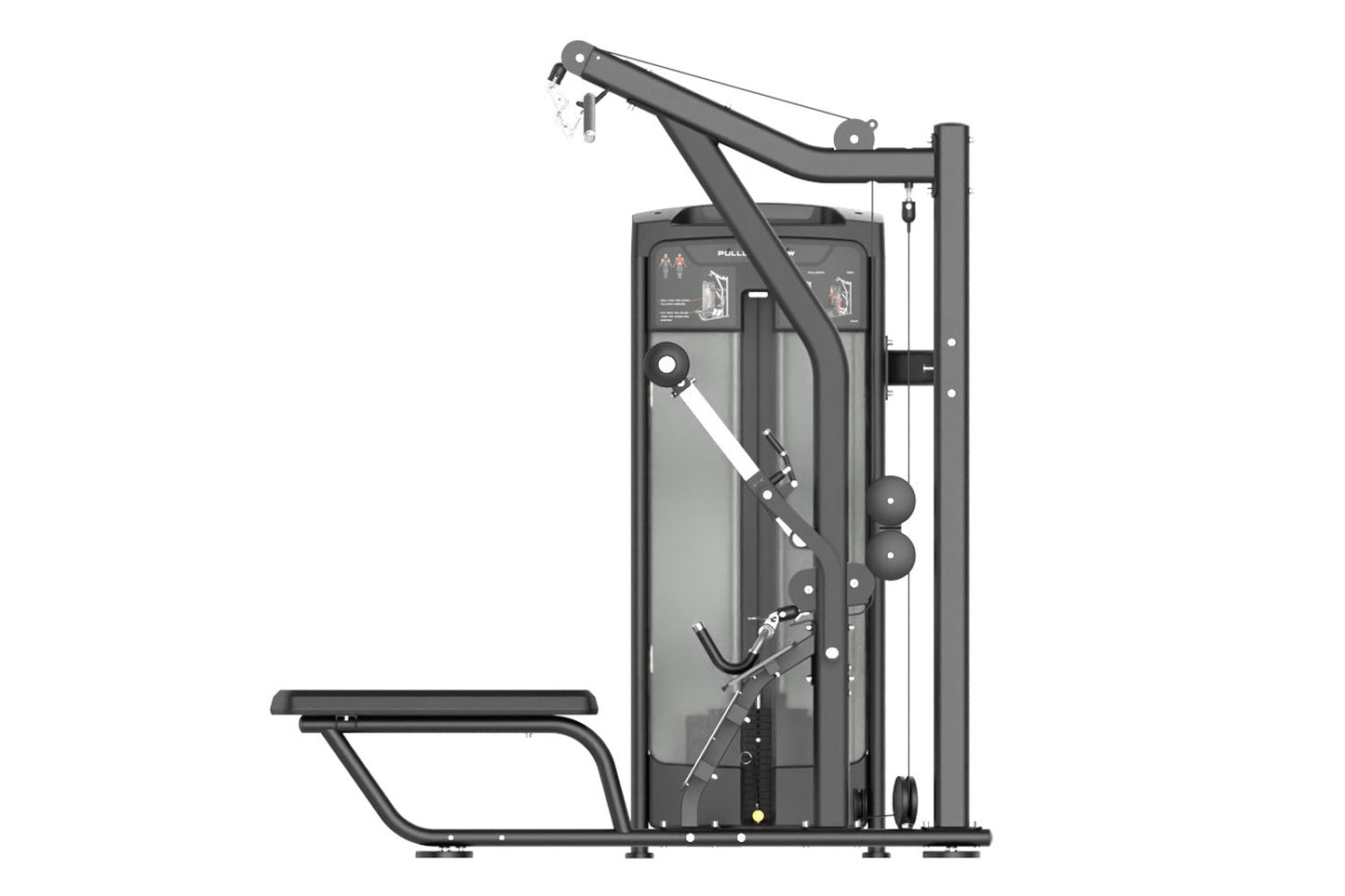 Warrior Elite Commercial Series Lat Pulldown/Seated Row machine in black with cable attachment, instruction panel, and seat, 