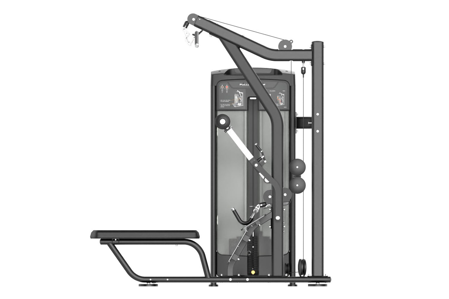 Warrior Elite Commercial Series Lat Pulldown/Seated Row machine in black with cable attachment, instruction panel, and seat, 