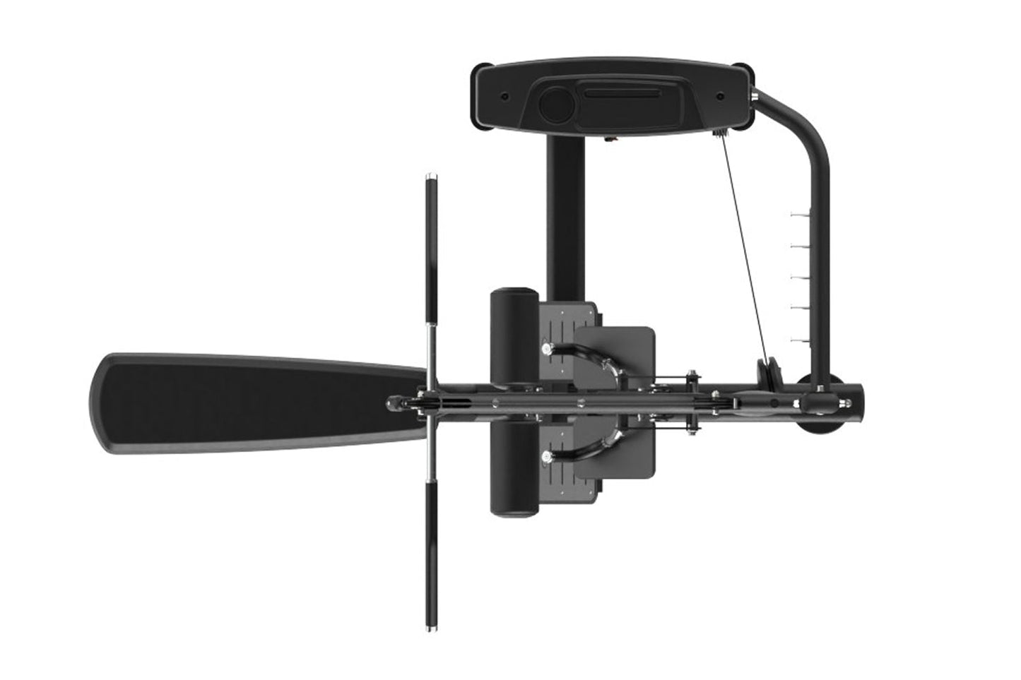 Black commercial lat pulldown and seated row machine with padded seat, adjustable handles, and metal frame on white backgroun