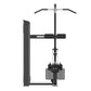 Warrior Elite black commercial lat pulldown and seated row machine with weight stack, shown from side view on white backgroun