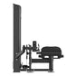 Black commercial leg curl machine with padded seat and footrest, side view on white background