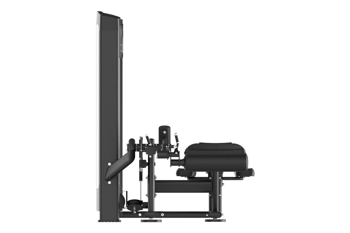 Black commercial leg curl machine with padded seat and footrest, side view on white background