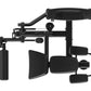 Black commercial leg curl machine with padded seat and leg extension platform, displayed on white background