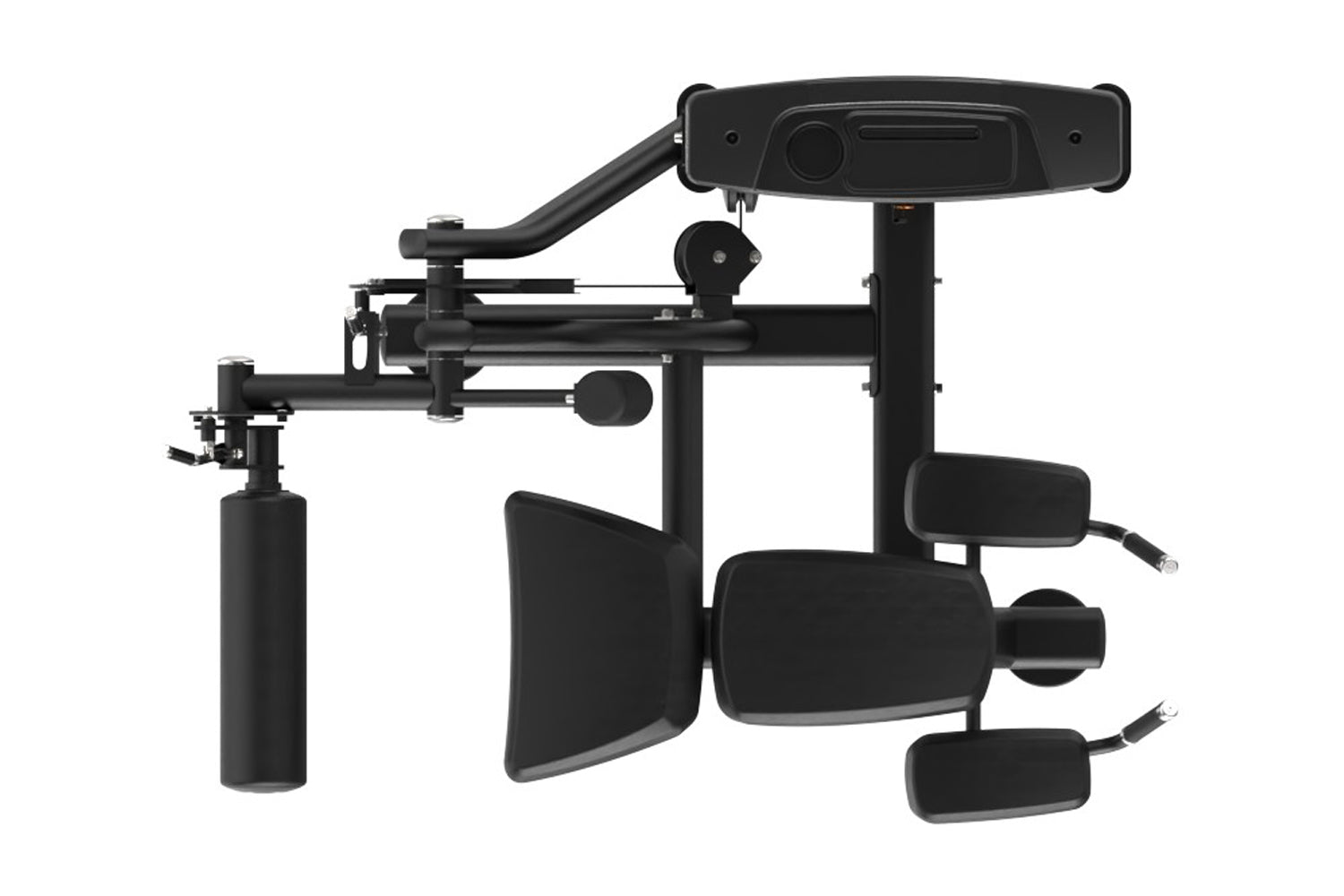 Black commercial leg curl machine with padded seat and leg extension platform, displayed on white background