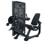 Black commercial leg curl and extension machine with padded seat, weight stack, and instruction panel on white background
