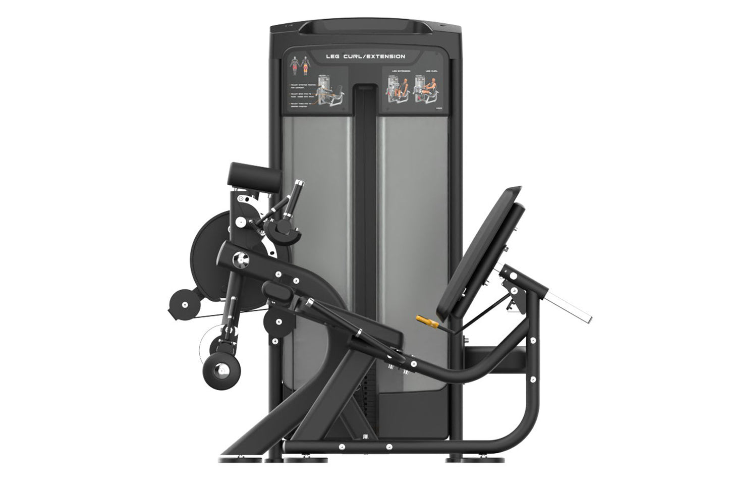 Black and gray commercial leg curl extension machine with dual exercise stations and instruction panels on white background