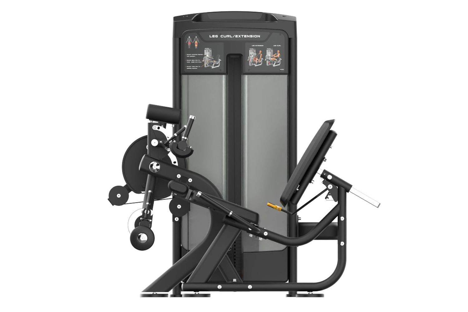 Black and gray commercial leg curl extension machine with dual exercise stations and instruction panels on white background
