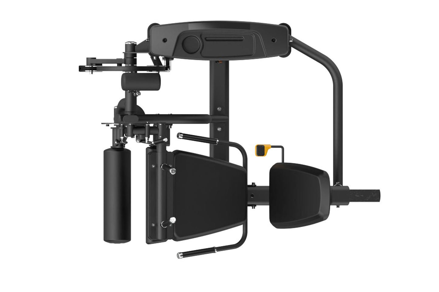 Black commercial leg curl and extension machine with padded seat, footrest, and adjustment handles on white background
