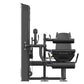 Black commercial leg curl and extension machine with padded seat, adjustable arm supports, and weight stack on white backgrou