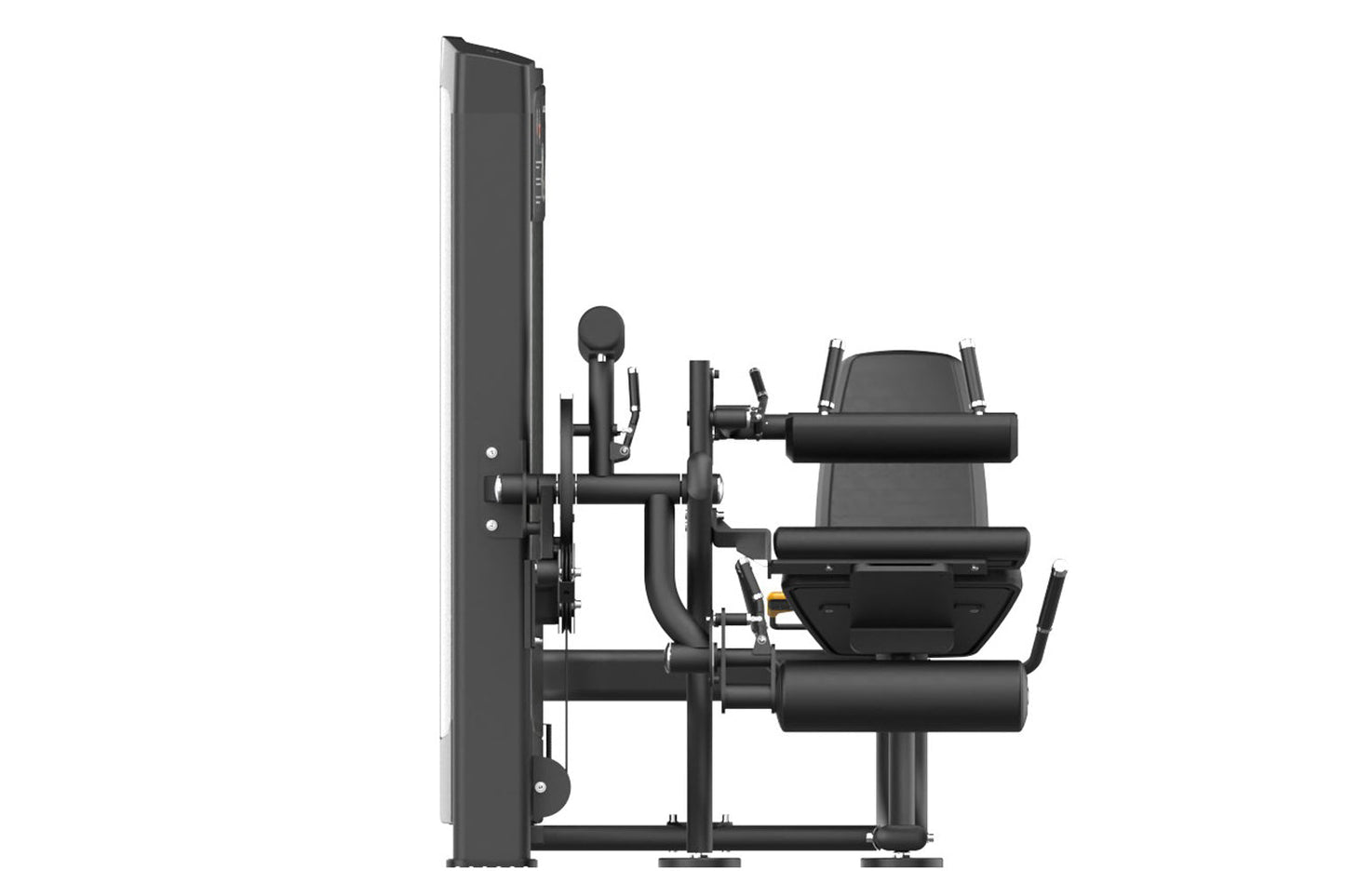 Black commercial leg curl and extension machine with padded seat, adjustable arm supports, and weight stack on white backgrou