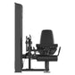 Black commercial leg extension machine with padded seat and backrest, weight stack on left side, shown on white background