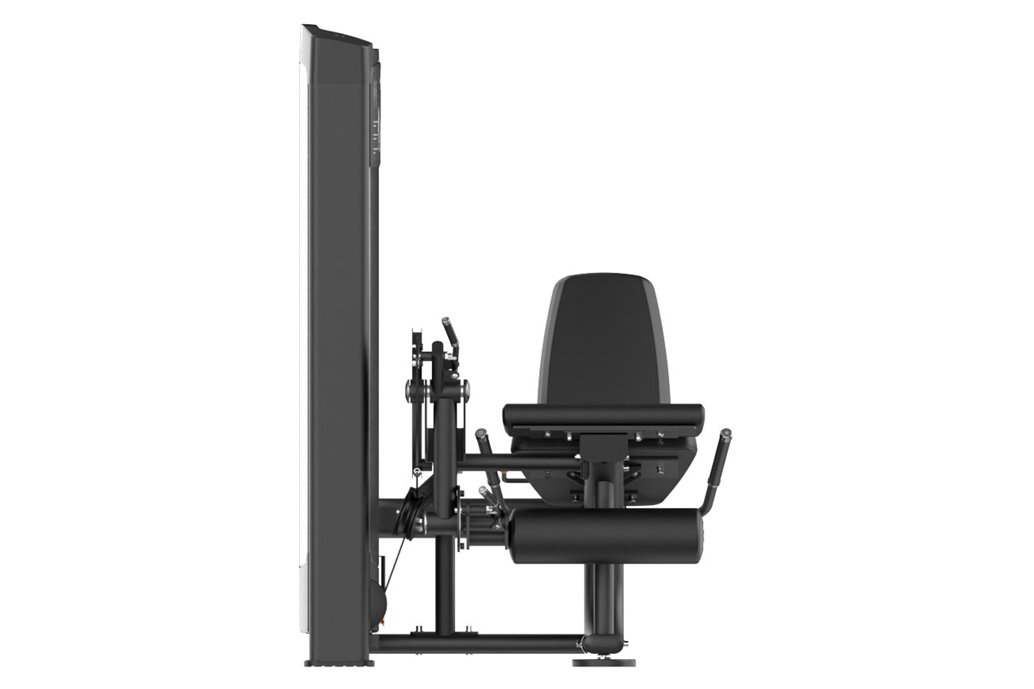 Black commercial leg extension machine with padded seat and backrest, weight stack on left side, shown on white background