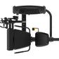Black leg extension machine with padded seat and footrest, adjustable arms, and digital console on white background