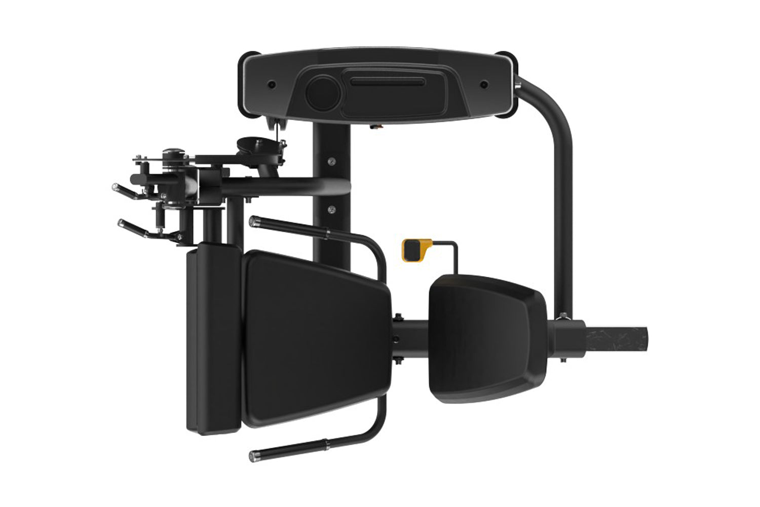 Black leg extension machine with padded seat and footrest, adjustable arms, and digital console on white background
