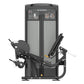 Commercial leg extension machine with black frame, gray panels, and adjustable seat, displayed on white background