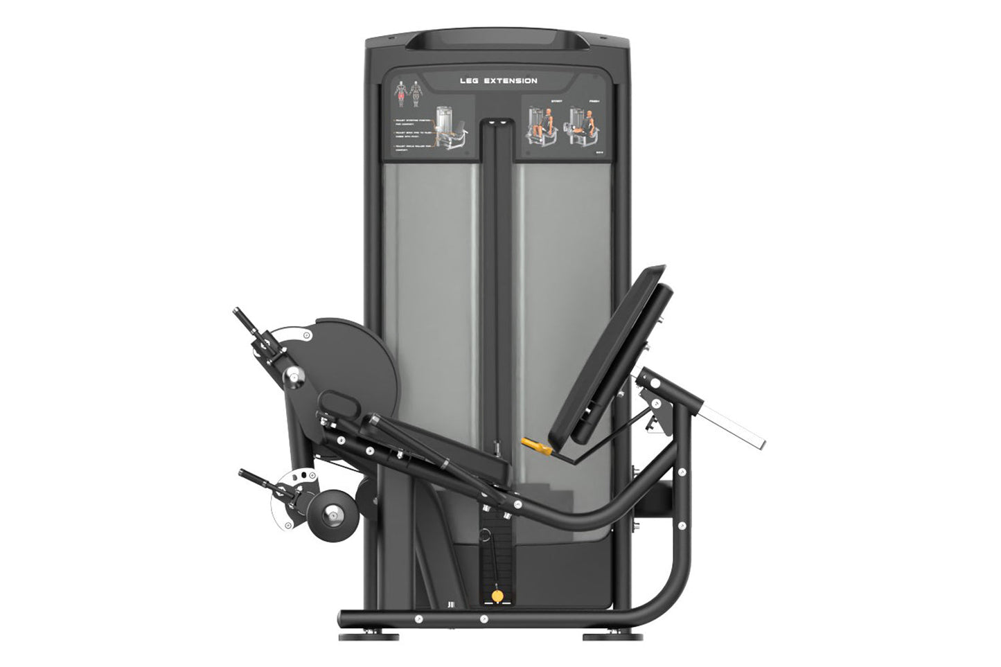 Commercial leg extension machine with black frame, gray panels, and adjustable seat, displayed on white background
