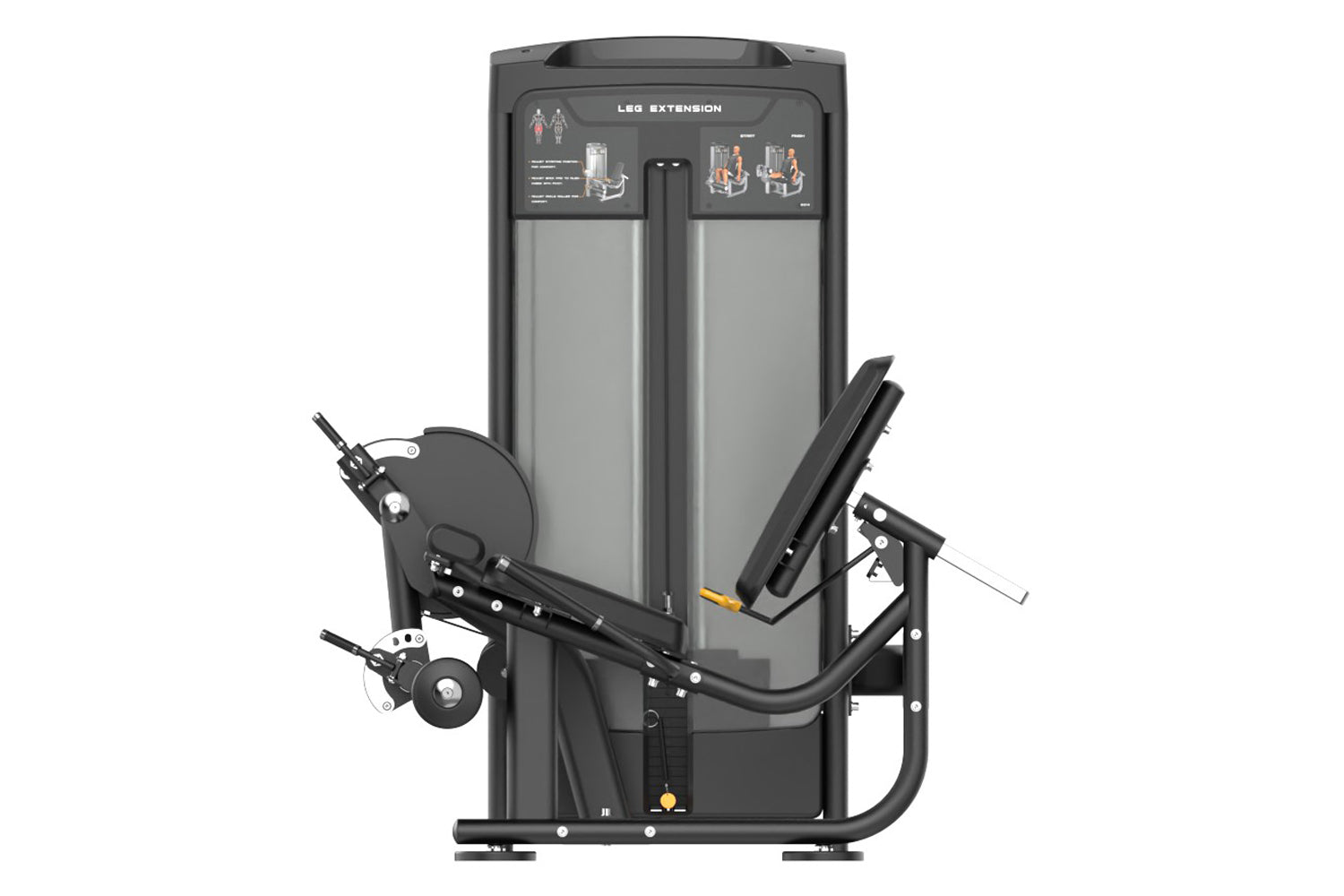 Commercial leg extension machine with black frame, gray panels, and adjustable seat, displayed on white background