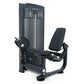 Black commercial leg extension machine with padded seat and backrest, weight stack visible on tall frame, on white background