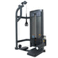 Black commercial abdominal exercise machine with digital display, padded seat, and overhead cable attachment system on white 