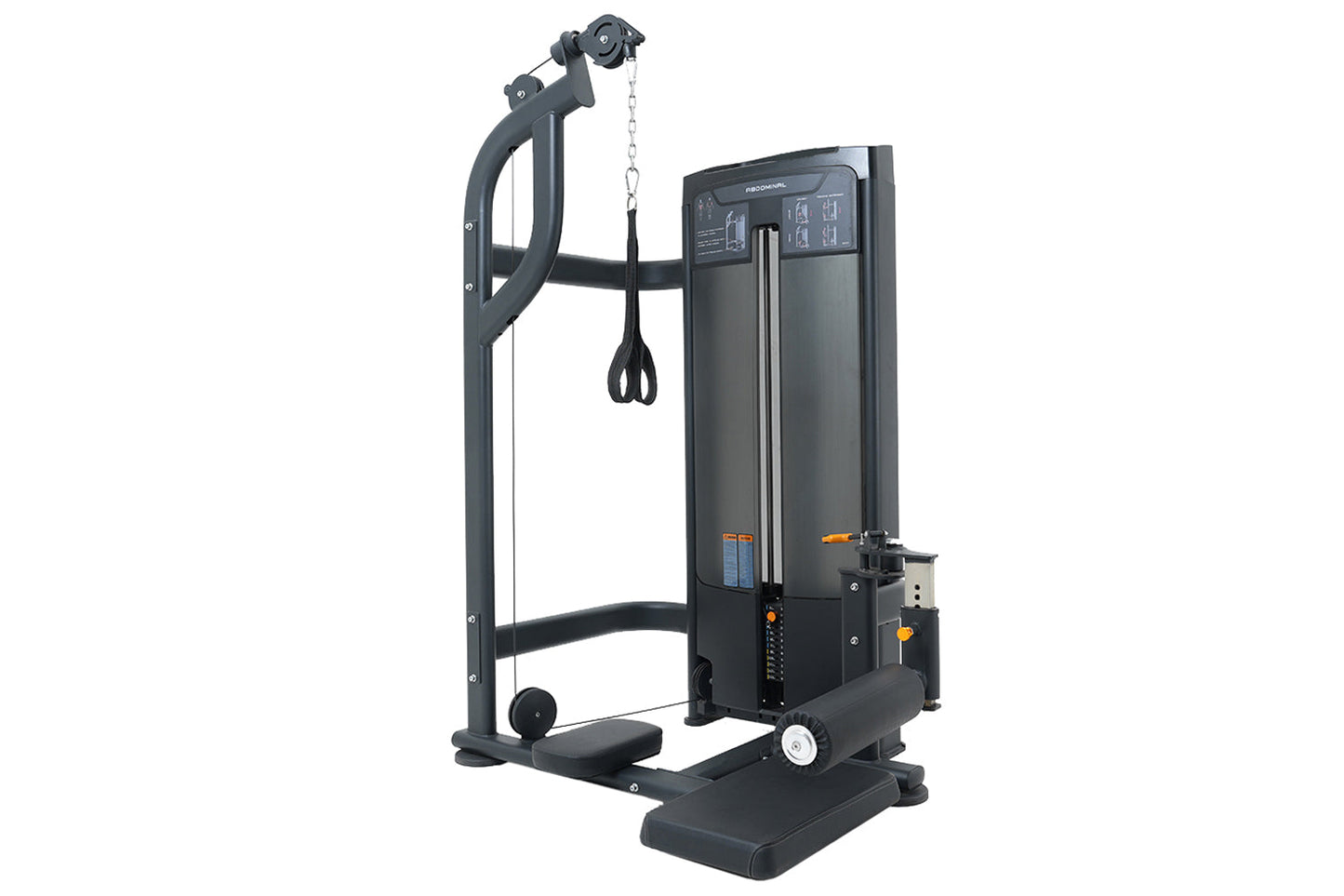 Black commercial abdominal exercise machine with digital display, padded seat, and overhead cable attachment system on white 