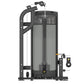 Black and gray commercial abdominal exercise machine with pulley system, chain, and weight stack on white background