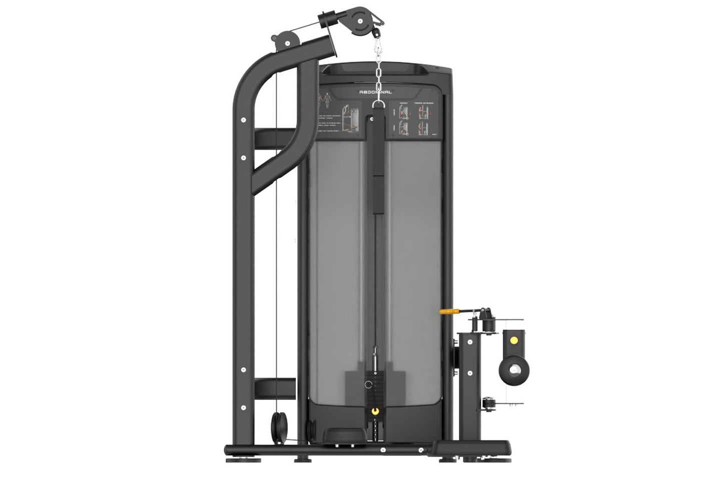 Black and gray commercial abdominal exercise machine with pulley system, chain, and weight stack on white background