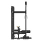 Black commercial multi-abdominal workout machine with vertical frame, horizontal lever arm, and foot platform on white backgr