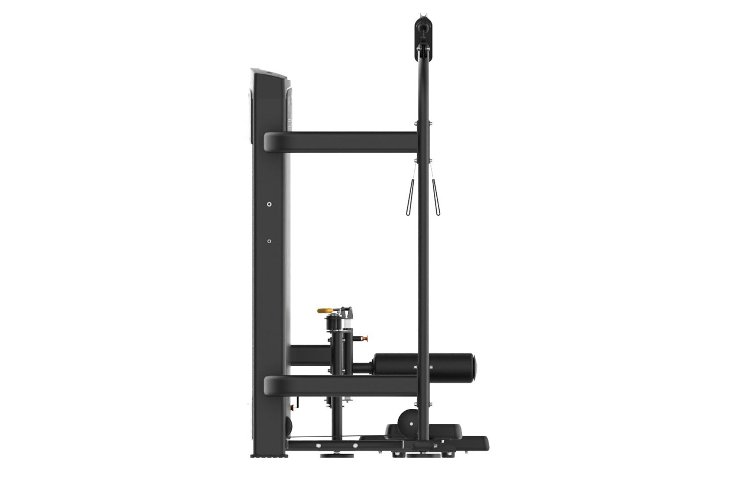 Black commercial multi-abdominal workout machine with vertical frame, horizontal lever arm, and foot platform on white backgr