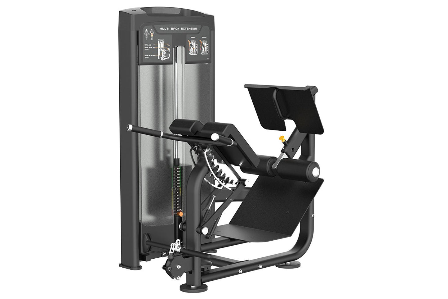 Black and gray commercial multi back extension machine with padded seat and backrest, instruction panel, and weight stack on 