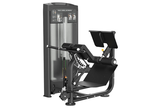 Black and gray commercial multi back extension machine with padded seat and backrest, instruction panel, and weight stack on 