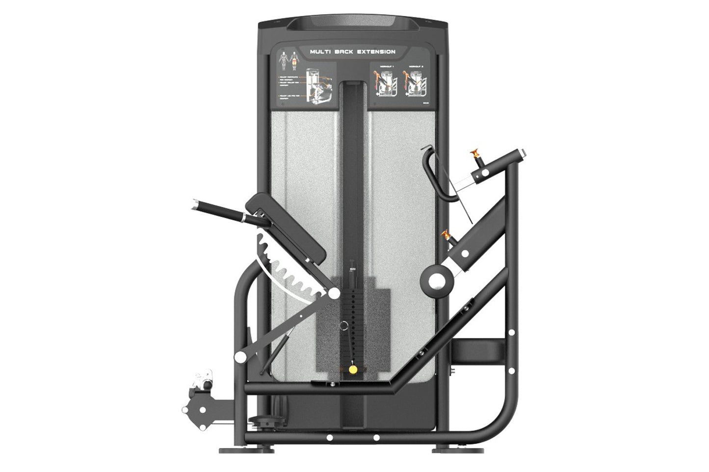 Black and gray multi back extension machine with instruction panel, adjustable arms, and foot platform on white background