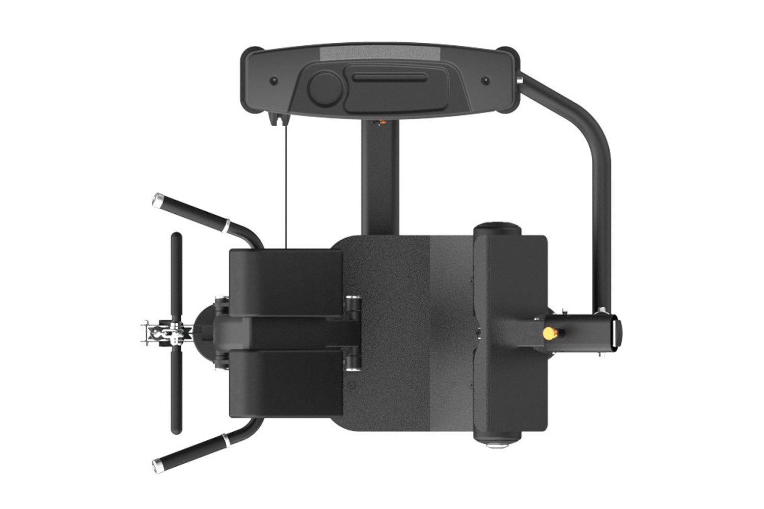 Black commercial back extension machine with padded seat, adjustable upper back support, extending arms, and control panel on