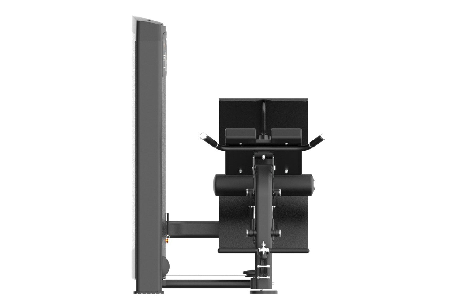 Black and gray commercial multi back extension machine with padded seat, adjustable backrest, and weight stack on white backg