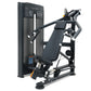 Black commercial multi-press exercise machine with padded seat, dual handles, and digital display panel on white background