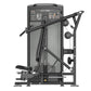 Black multi-press gym machine with dual weight stacks, lever arm, and instruction panel, shown on white background