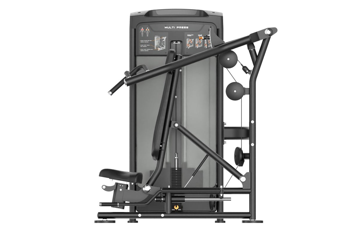 Black multi-press gym machine with dual weight stacks, lever arm, and instruction panel, shown on white background